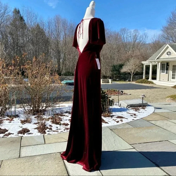 NWT BHLDN Jenny Yoo Ellis Velvet Maxi Dress Short Sleeve in Red Berry 4 - Picture 11 of 15